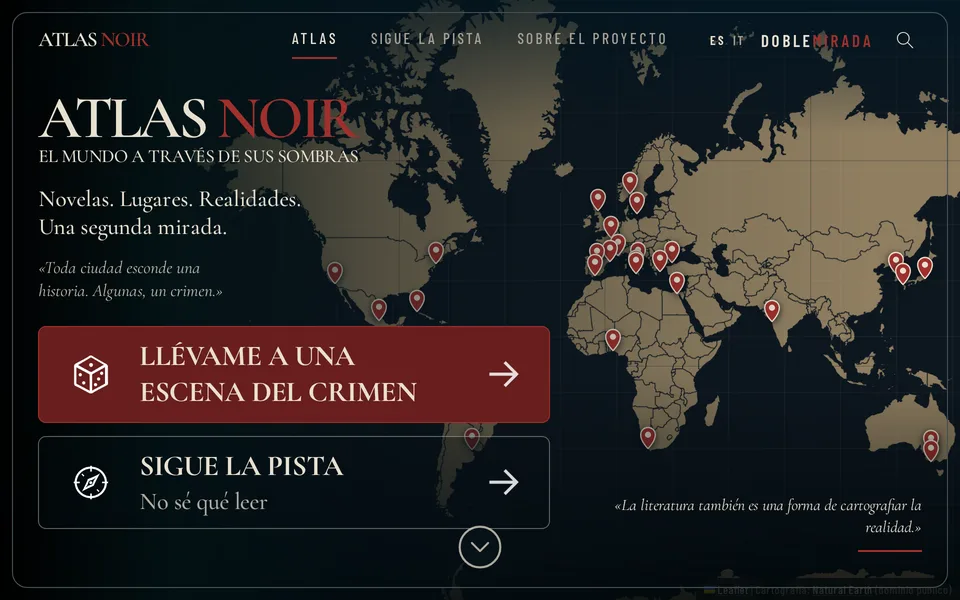Portada de Atlas Noir, con el mapamundi y sus marcadores de novela negra