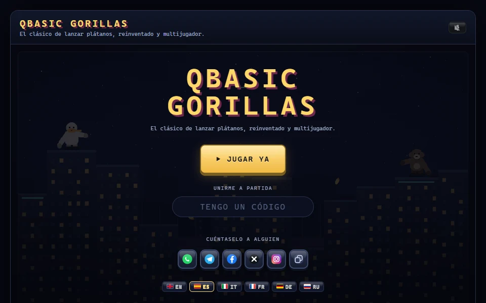 Portada de QBasic Gorillas, con el título sobre la ciudad de neón