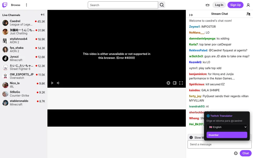 La tarjeta de Translator for Twitch sobre un canal de Twitch